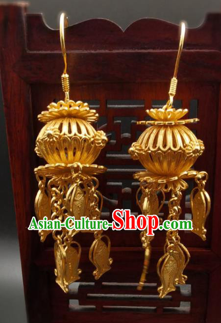 Handmade China Wedding Earrings Classical Golden Lantern Ear Accessories Ming Dynasty Gilding Silver Fish Tassel Ear Jewelry