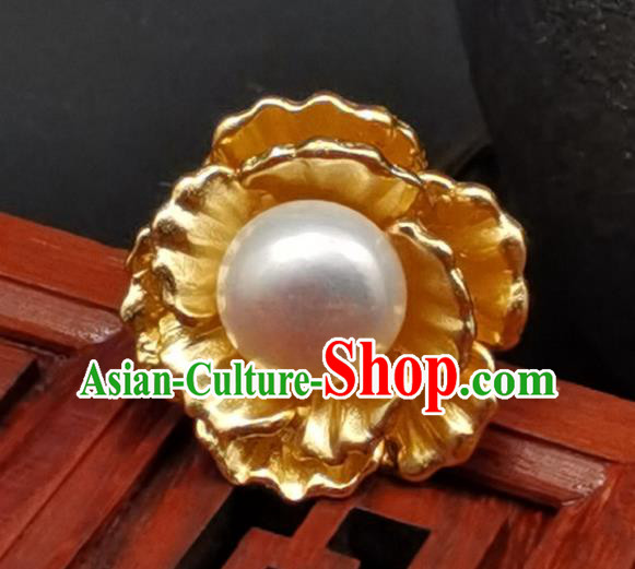 China Traditional Gilding Silver Peony Hairpin Ancient Empress Pearl Hair Stick Classical Hanfu Headpiece Handmade Hair Accessories