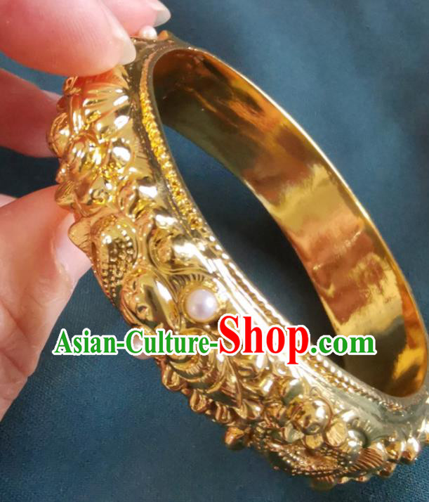 Chinese Classical Wristlet Accessories Ming Dynasty Gilding Bracelet Handmade Wedding Silver Carving Dragon Bangle
