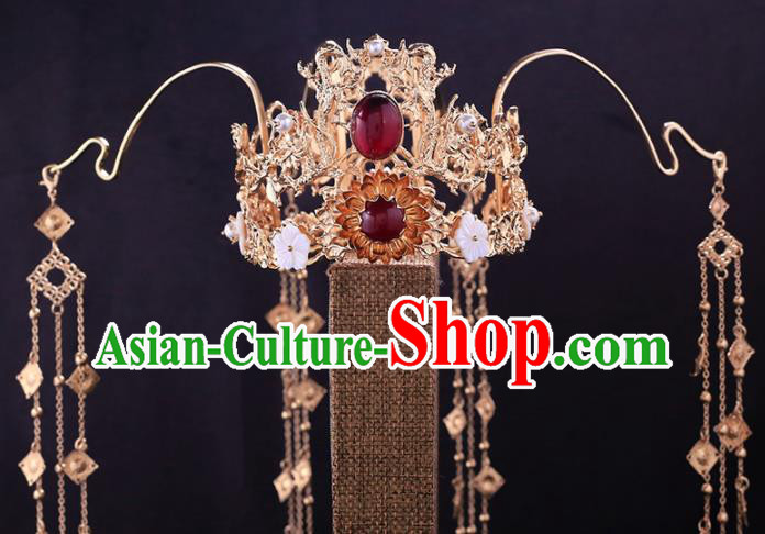 Chinese Classical Wedding Tassel Hair Crown Handmade Tang Dynasty Headdress Traditional Hanfu Hair Accessories Ancient Princess Phoenix Coronet