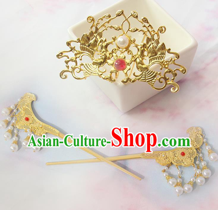Chinese Handmade Tang Dynasty Hair Crown Traditional Hanfu Hair Accessories Ancient Princess Headpieces Classical Wedding Tassel Hairpins