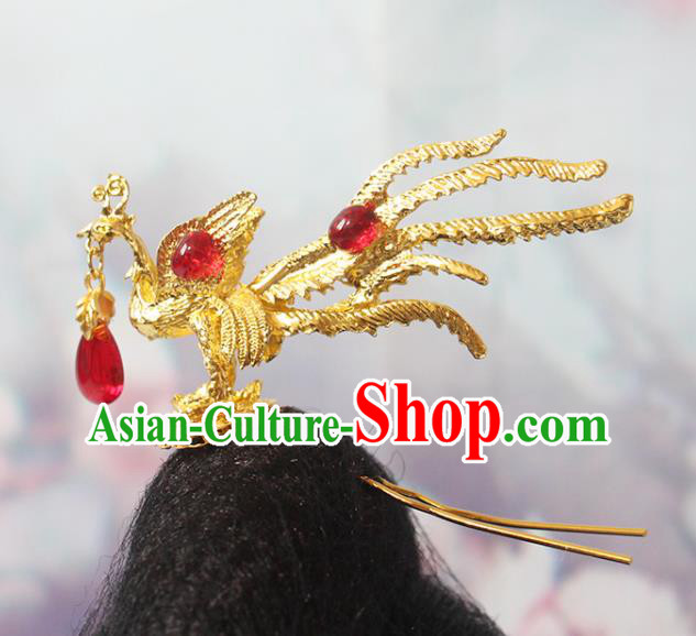 Chinese Classical Wedding Hairpin Handmade Ming Dynasty Golden Phoenix Hair Stick Traditional Hanfu Hair Accessories Ancient Empress Headpiece