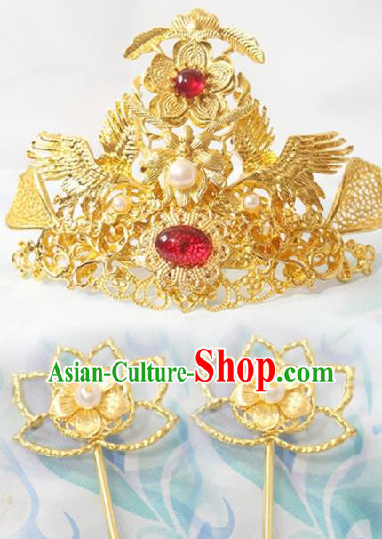 Chinese Ancient Empress Lotus Hairpins Classical Wedding Golden Hair Crown Handmade Tang Dynasty Headpieces Traditional Hanfu Hair Accessories