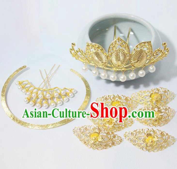 Chinese Traditional Hanfu Hair Accessories Ancient Empress Hairpins Classical Wedding Golden Hair Crown Handmade Song Dynasty Headpieces