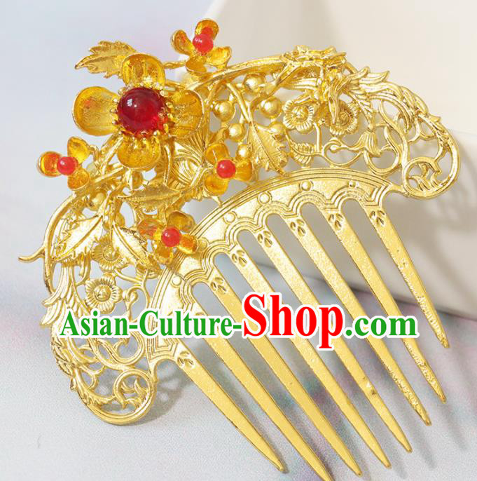 Chinese Ancient Princess Hairpin Classical Wedding Golden Hair Comb Handmade Tang Dynasty Headpiece Traditional Hanfu Hair Accessories
