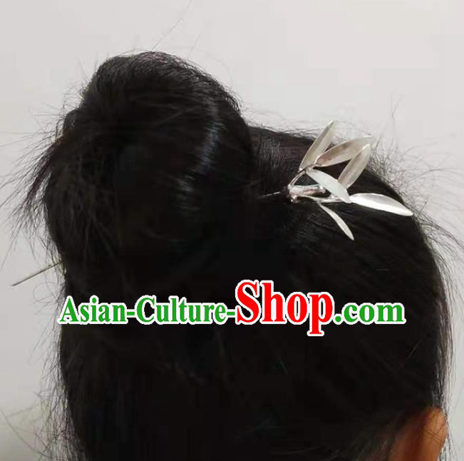 Chinese Handmade Silver Bamboo Hairpin Classical Hair Stick Cheongsam Headpiece Traditional Hair Accessories