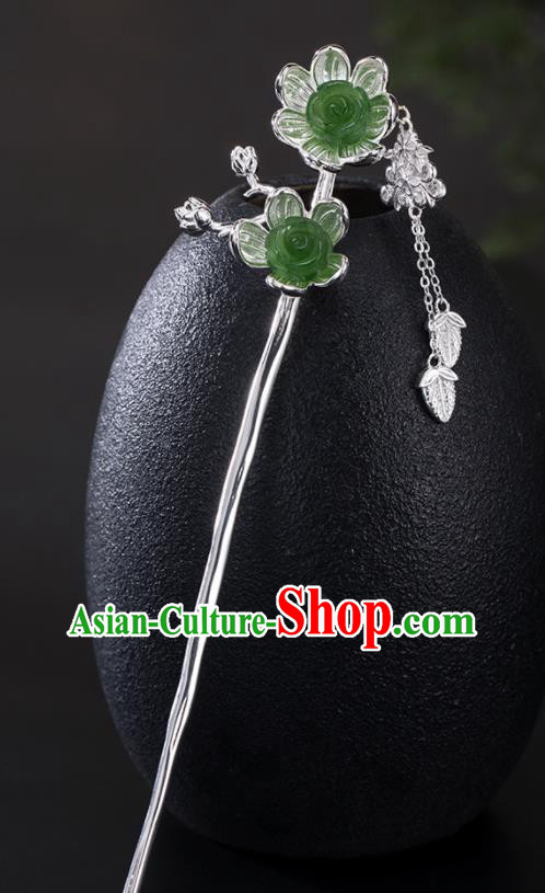 Chinese Cheongsam Headpiece Traditional Hair Accessories Handmade Silver Tassel Hairpin Classical Jade Rose Hair Stick