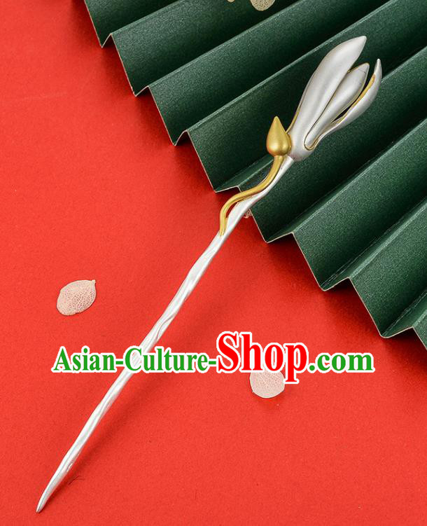Chinese Classical Silver Mangnolia Hair Stick Cheongsam Headpiece Traditional Hair Accessories Handmade Carving Hairpin