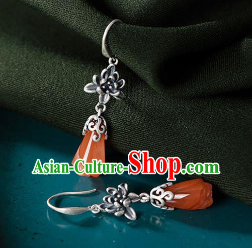 Handmade China Cheongsam Ear Jewelry Wedding Agate Mangnolia Earrings Classical Silver Ear Accessories
