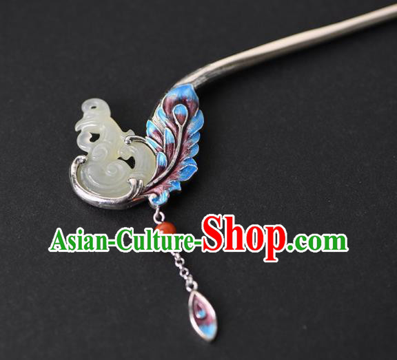 Chinese Cheongsam Headpiece Handmade Jade Phoenix Hairpin Traditional Hair Accessories Classical Cloisonne Silver Hair Stick
