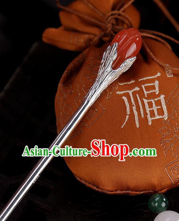 Chinese Traditional Hair Accessories Classical Silver Hair Stick Cheongsam Headpiece Handmade Agate Mangnolia Hairpin