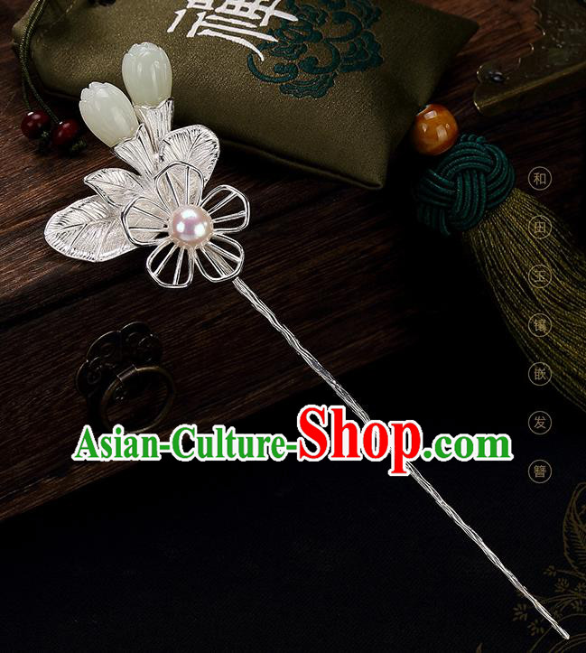 Chinese Classical Jade Mangnolia Hair Stick Cheongsam Accessories Headpiece Handmade Silver Hairpin Traditional Hair Jewelry