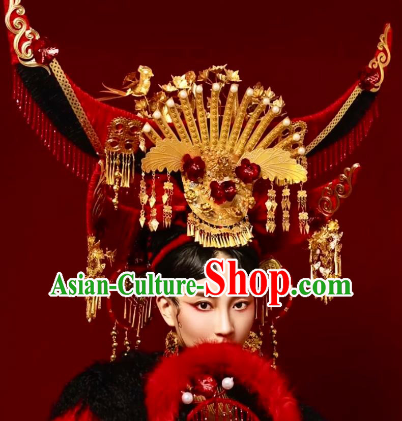 Custom China Wedding Hair Accessories Stage Show Red Giant Hair Crown Opera Deluxe Phoenix Coronet Catwalks Headdress
