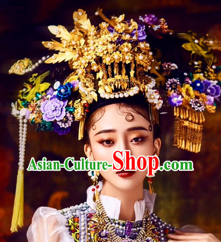 China Catwalks Hair Accessories Wedding Headdress Stage Show Cloisonne Hair Crown Ancient Qing Dynasty Imperial Concubine Deluxe Phoenix Coronet