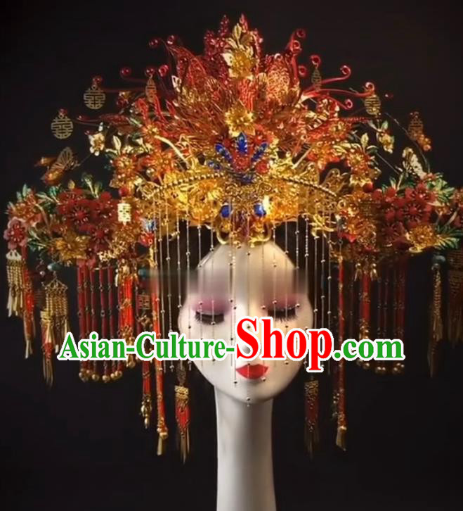 China Ancient Empress Deluxe Phoenix Coronet Catwalks Hair Accessories Wedding Headdress Stage Show Giant Red Hair Crown