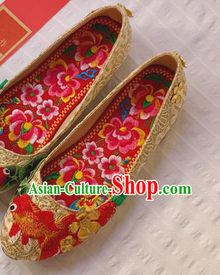 China Xiuhe Suit Shoes Wedding Golden Lace Shoes Embroidered Goldfish Shoes Handmade Bride Shoes