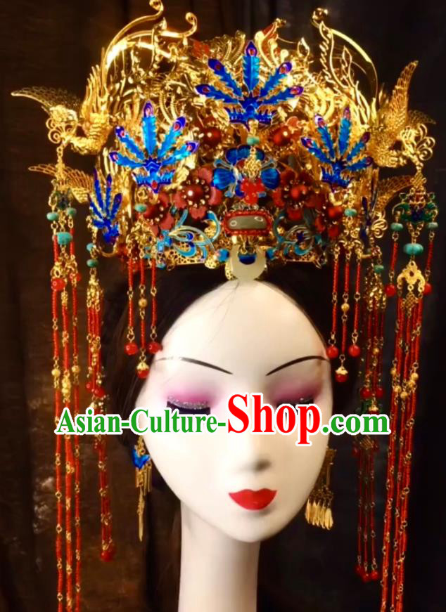 Top China Catwalks Headdress Wedding Hair Accessories Stage Show Deluxe Hair Crown Ancient Imperial Concubine Cloisonne Phoenix Coronet
