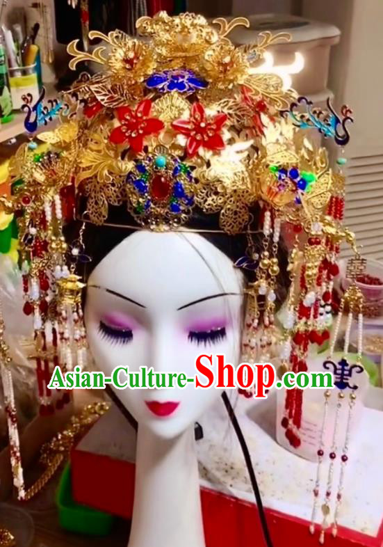 Top China Ancient Empress Cloisonne Phoenix Coronet Catwalks Headdress Wedding Hair Accessories Stage Show Deluxe Hair Crown