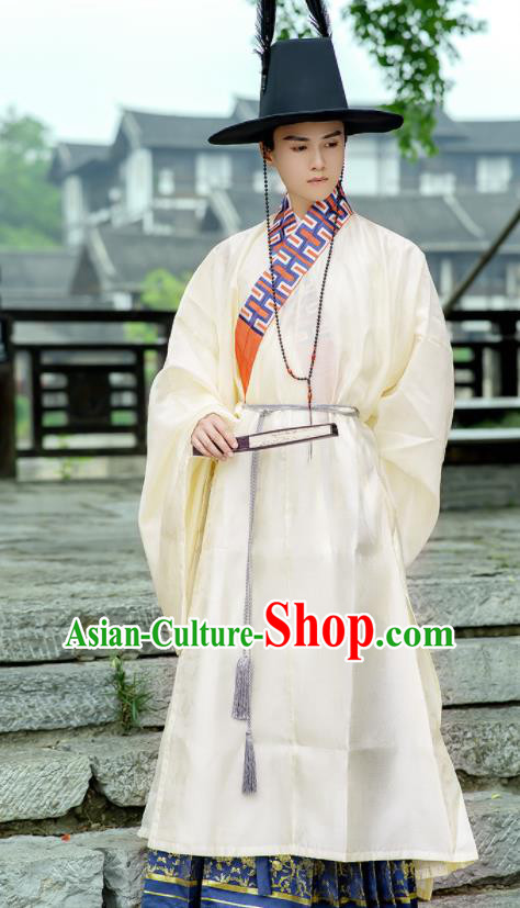 China Ancient Scholar Beige Hanfu Robe Costume Traditional Ming Dynasty Confucian Master Historical Clothing