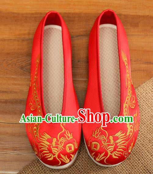 Chinese Male Embroidered Dragon Shoes Traditional Wedding Shoes Bridegroom Shoes Handmade Red Satin Shoes