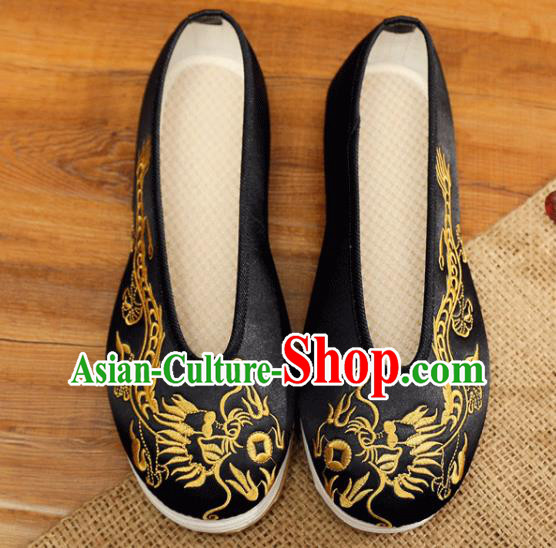 Chinese Handmade Black Satin Shoes Male Embroidered Dragon Shoes Traditional Wedding Shoes Bridegroom Shoes