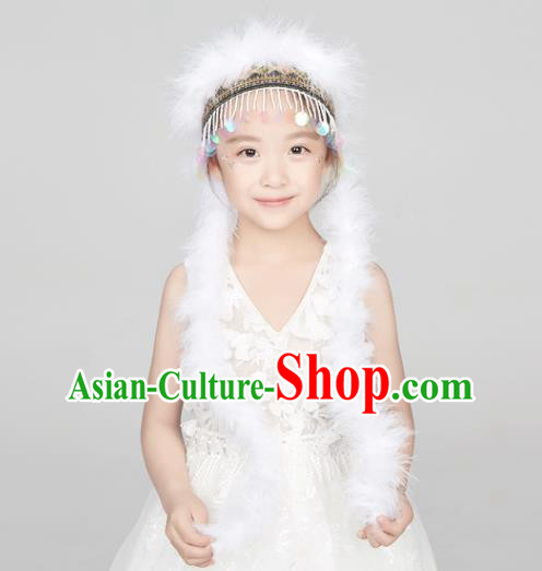 Professional China Ethnic Dance White Feather Headdress Girl Stage Performance Hair Crown Xinjiang Hui Nationality Dance Hair Accessories