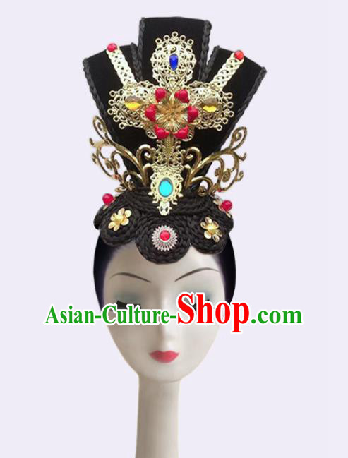 Handmade Chinese Flying Apsaras Dance Headpieces Woman Hanfu Dance Wigs Chignon Classical Dance Hair Accessories