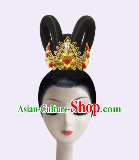 Handmade Chinese Stage Performance Hairpieces Woman Flying Apsaras Dance Wigs Chignon Classical Dance Hair Accessories