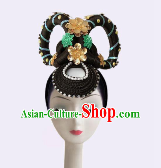 Handmade Chinese Flying Fairy Dance Hairpieces Classical Dance Wigs Chignon Dunhuang Apsaras Dance Hair Accessories