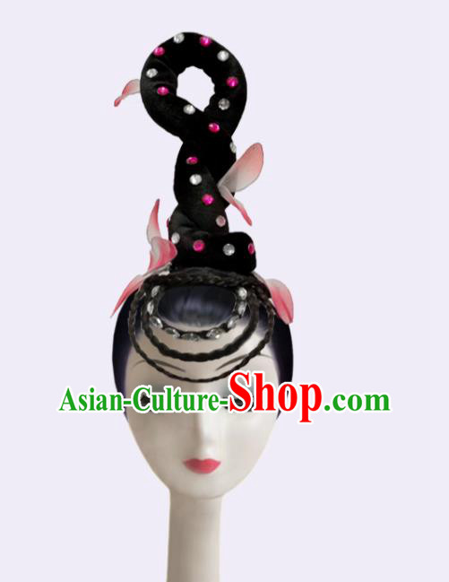 Handmade Chinese Lotus Dance Headpieces Umbrella Dance Stage Performance Wigs Chignon Classical Dance Hair Accessories