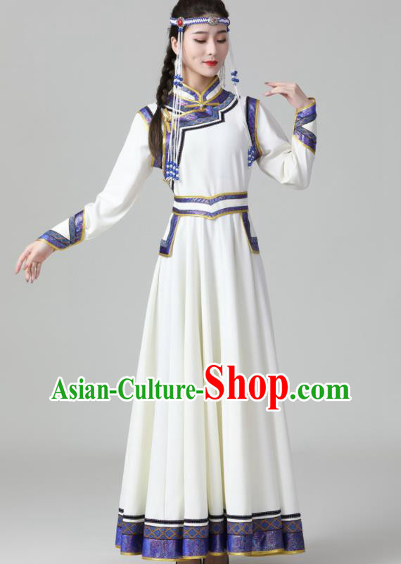China Mongolian Performance White Dress Mongol Nationality Dance Clothing Woman Group Dance Garment Ethnic Costumes