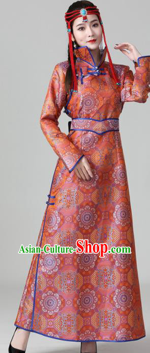 China Ethnic Red Brocade Dress Mongolian Performance Long Robe Mongol Nationality Folk Dance Clothing Woman Group Dance Garment