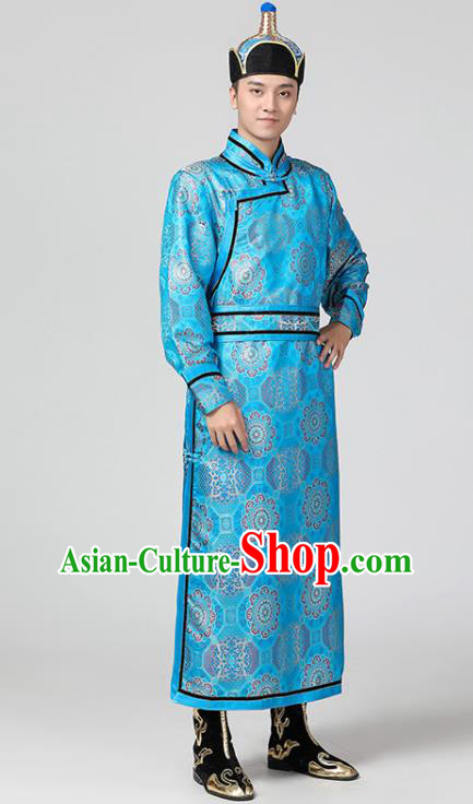 Chinese Minority Festival Clothing Mongol Nationality Folk Dance Blue Brocade Robe Mongolian Male Garment Ethnic Stage Performance Costume