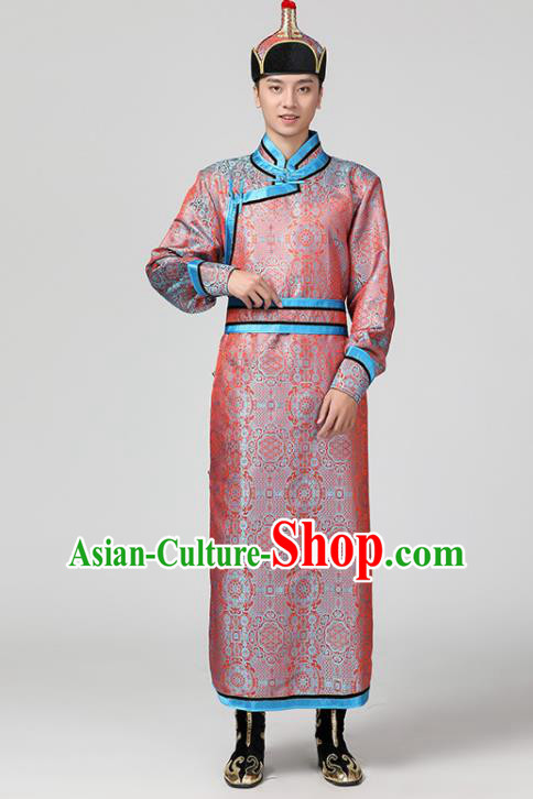 Chinese Ethnic Stage Performance Costume Minority Festival Clothing Mongol Nationality Folk Dance Pink Brocade Robe Mongolian Male Garment
