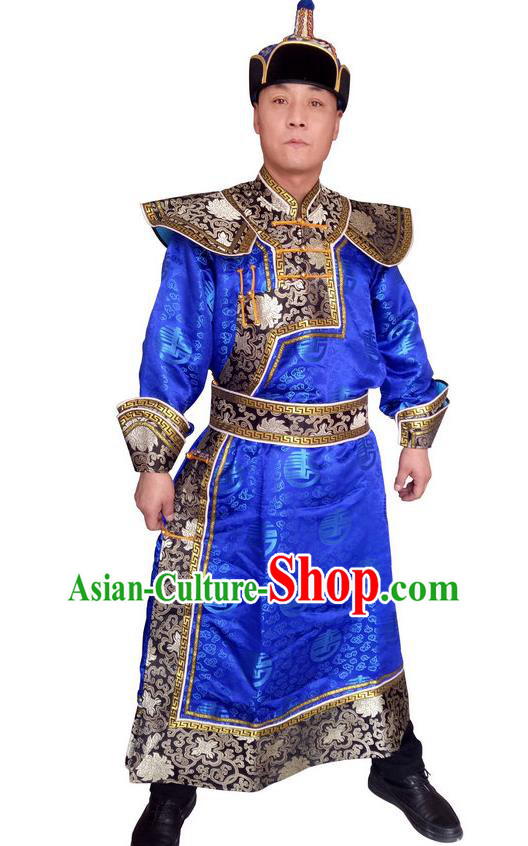 Chinese Ethnic Wedding Costume Minority Festival Performance Clothing Mongol Nationality Royalblue Brocade Robe Mongolian Male Folk Dance Garment