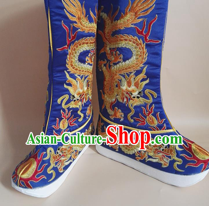 Chinese Ancient Emperor Shoes Beijing Opera King Shoes Handmade Imperial Royalblue Satin Boots Sichuan Opera Embroidered Dragon Shoes