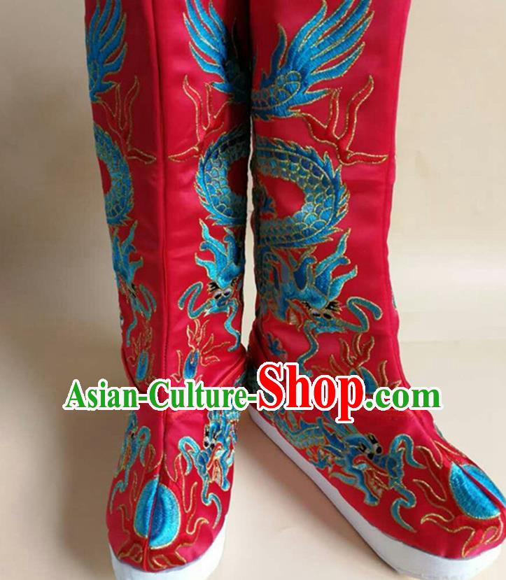 Chinese Sichuan Opera Embroidered Dragon Shoes Ancient Emperor Shoes Beijing Opera King Shoes Handmade Imperial Red Satin Boots