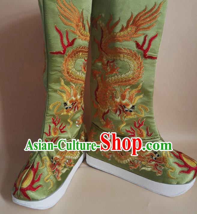 Chinese Beijing Opera King Shoes Handmade Light Green Satin Boots Sichuan Opera Embroidered Dragon Shoes Ancient Emperor Shoes
