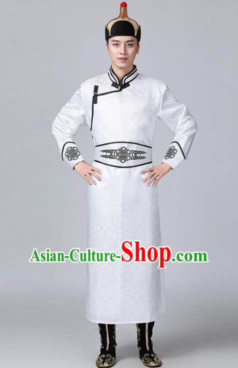 Chinese Minority Folk Dance Clothing Mongol Nationality White Robe Mongolian Male Garment Ethnic Wedding Costume
