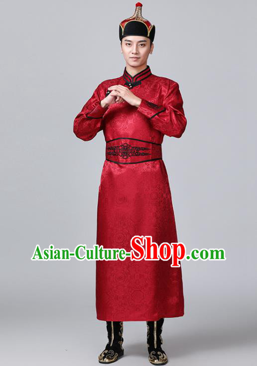 Chinese Mongol Nationality Red Robe Mongolian Male Garment Ethnic Wedding Costume Minority Folk Dance Clothing
