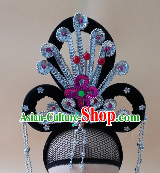 Chinese Peking Opera Diva Argent Phoenix Hair Accessories Ancient Fairy Headpieces Beijing Opera Hua Tan Wigs Chignon Headdress