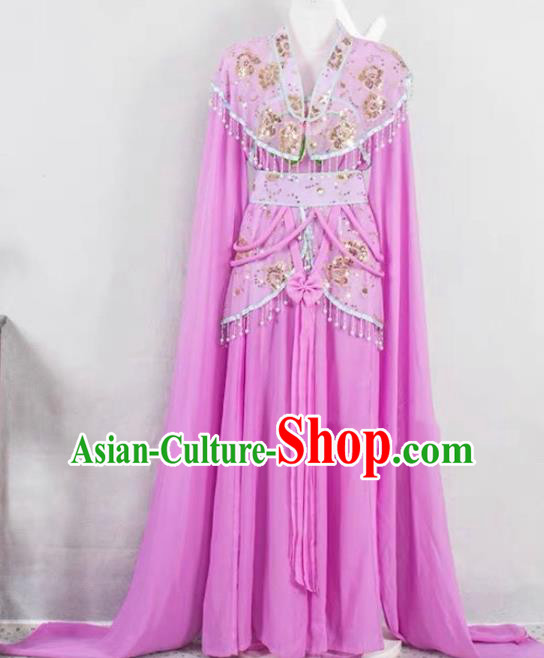 China Huangmei Opera Diva Garment Ancient Fairy Clothing Peking Opera Hua Tan Costume Beijing Opera Actress Violet Water Sleeve Dress