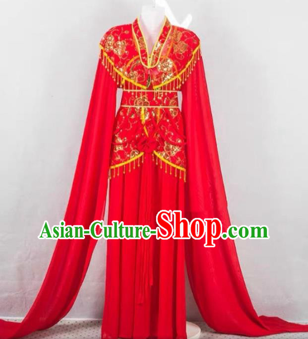 China Beijing Opera Actress Red Water Sleeve Dress Huangmei Opera Diva Garment Ancient Fairy Clothing Peking Opera Hua Tan Costume