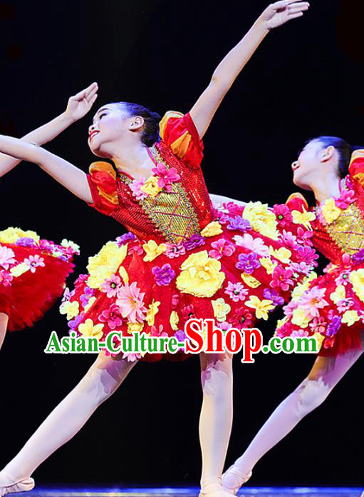 Professional Girl Modern Dance Clothing Chorus Group Fashion Stage Performance Red Dress Flower Dance Costume