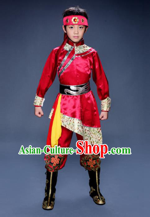 Chinese Ethnic Children Folk Dance Garments Mongolian Minority Performance Red Uniforms Mongol Nationality Boys Clothing