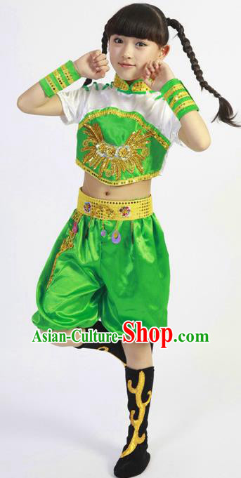 Chinese Children Yangko Dance Green Uniforms Folk Dance Costumes Fan Dance Dress New Year Yangge Dance Clothing