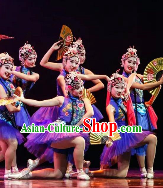 China Opera Dance Blue Dress Children Classical Dance Costumes Girl Stage Performance Dancewear Fan Dance Clothing