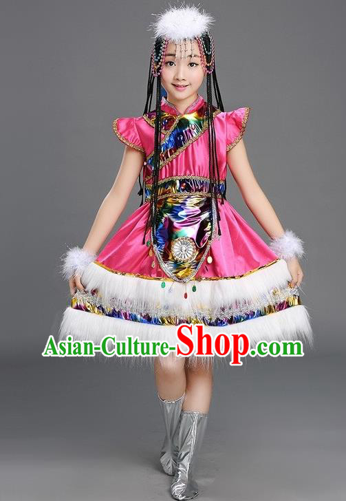 Chinese Tibetan Minority Performance Rosy Dress Zang Nationality Girls Clothing Ethnic Children Folk Dance Garments