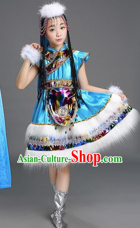 Chinese Ethnic Children Folk Dance Garments Tibetan Minority Performance Blue Dress Zang Nationality Girls Clothing