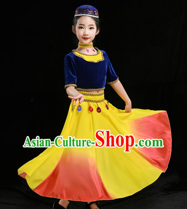 Chinese Uyghur Minority Girl Blue Velvet Outfits Uighur Nationality Folk Dance Clothing Xinjiang Ethnic Children Stage Performance Garments